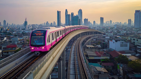 A stunning wide-angle view of Bangkok showcasing the urban sprawl and an elevated train traversing the city, highlighting modern architecture and vibrant life.の素材