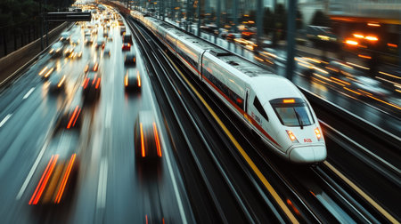 A high-speed train races alongside city traffic at night, creating a dynamic scene of motion and energy in an urban environment.の素材
