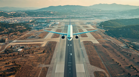 Aerial view of a jet plane ascending over El Prat Airport, showcasing the dynamic scene of aviation above the landscape and runways during a clear day.の素材