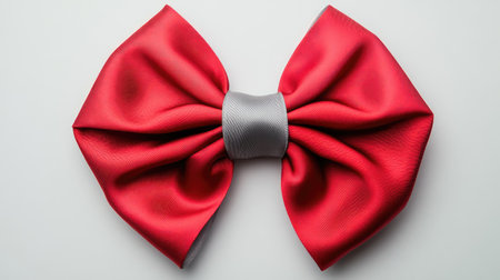 A beautifully crafted four-loop holiday bow made of bright red satin ribbon with a delicate gray sheen, isolated on a plain white background.の素材