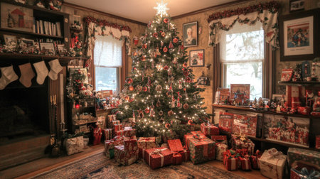 A beautifully decorated Christmas tree with ornaments and lights, surrounded by gifts, set in a cozy home for the Feast of the Nativityの素材