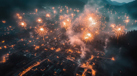 A bird's-eye view of a village celebrating Chinese New Year with synchronized fireworks lighting up the area.の素材