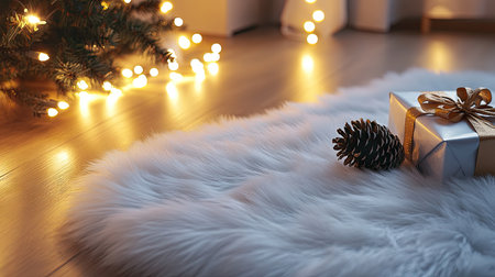 A beautifully decorated white furry rug with illuminated lights, a glossy Christmas ball, a ribboned gift box, and a pine cone, ready for New Year celebrationsの素材