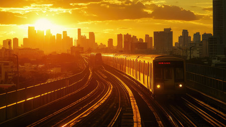 Capture the serene beauty of a sunset over the MRT Pink Line, with a train navigating through a vibrant city skyline, creating a tranquil urban scene.の素材