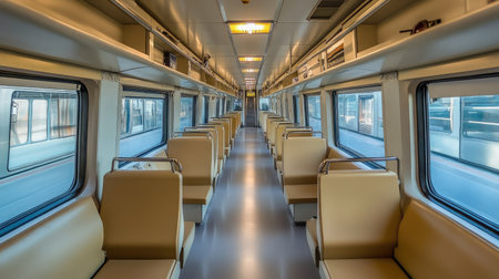 A spacious interior view of a fast train showcasing beige seating and modern design elements. Ideal for transportation, travel, and commuter-themed projects.の素材