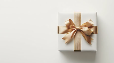 A beautifully wrapped white gift box with a gleaming gold ribbon, isolated on a white background, creating an elegant and sophisticated gift presentation.の素材