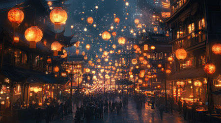 A bustling street decorated with glowing Chinese New Year lanterns in various sizes and shapes, creating a festive atmosphere.の素材