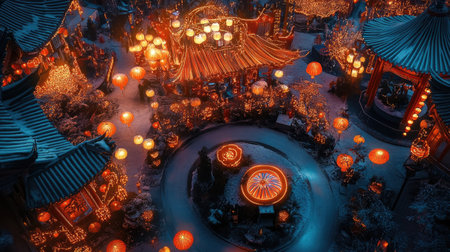 A bird's-eye view of a Chinese New Year lantern festival with creative lantern sculptures and glowing pathways.の素材