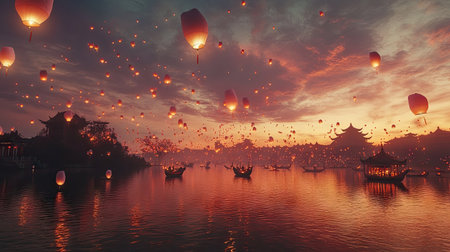 A breathtaking view of hundreds of lanterns being released into the sky during a Chinese New Year celebration, creating a magical scene.の素材