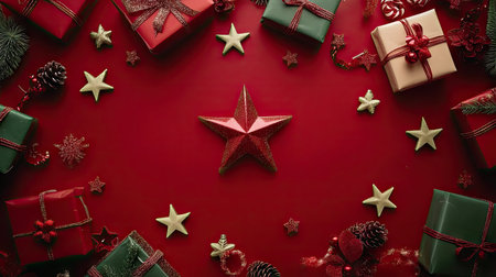A bird's eye view of holiday presents, Christmas stars, and festive decorations on a red background, with ample space for promotional offers or holiday messages.の素材