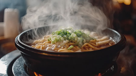 A close-up of a steaming bowl of Chinese New Year noodles, topped with green onions, ginger, and garlic for a lucky long life.の素材