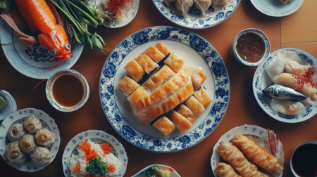 A close-up of a traditional Chinese New Year meal, featuring dumplings, spring rolls, and fish, symbolizing wealth and prosperity.の素材