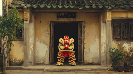 A Chinese New Year lion dance, symbolizing strength and good fortune, being performed in front of a traditional home.の素材