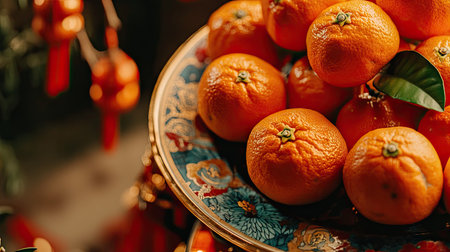 A close-up of Chinese New Year oranges and tangerines placed on a plate, symbolizing wealth and good luck for the coming year.の素材