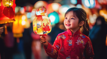 A child holding a colorful paper lantern while walking through a lively Chinese New Year festival at night.の素材