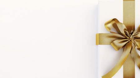 A close-up of a distinctive gold gift box with a shiny gold ribbon, set against a blank white background, ideal for holiday or special occasion promotions.の素材