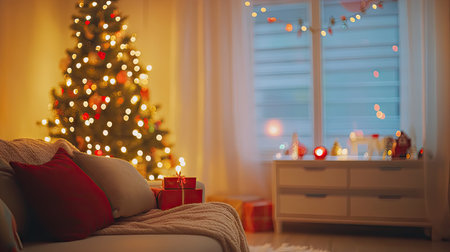 A Christmas-inspired room with a blurred tree in the background, glowing lights, and festive decor, offering a perfect backdrop for holiday photosの素材