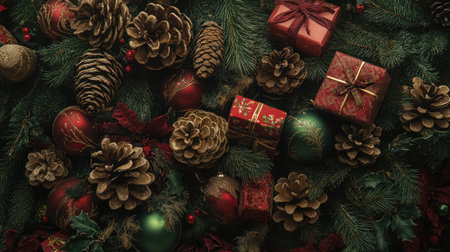 A close-up of a Christmas tree base, showcasing ornate decorations, pinecones, and a pile of red and green gift boxes.の素材