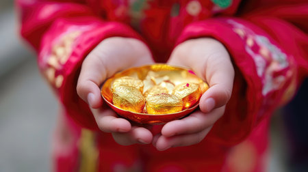 A close-up of a child holding a golden ingot as a symbol of prosperity and good luck during Chinese New Year.の素材