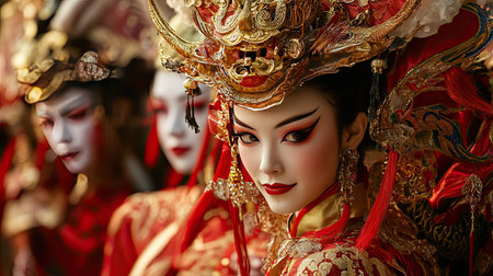 A close-up of performers in elaborate costumes during a Chinese New Year parade, with dragon heads and vibrant red and gold outfits.の素材