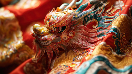 A close-up of the intricate patterns and textures on a dragon dance costume, emphasizing the craftsmanship and vibrant colors.の素材