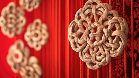 A close-up of intricate Chinese knot decorations hanging against a festive red backdrop, symbolizing prosperity and good fortune.の素材