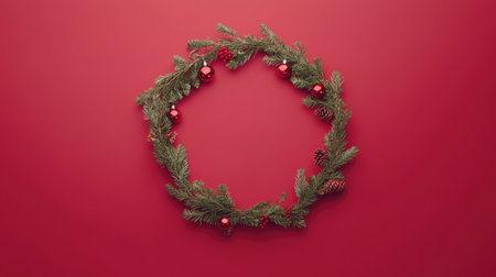 A circular frame of fir branches and holiday ornaments arranged on a red background, leaving space for custom text for Christmas greetings or festive announcements.の素材