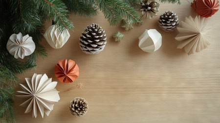 A clean and minimalistic Chinese New Year decoration with handmade ornaments made from recycled materials, displayed on a wooden surface.の素材