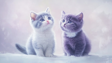 This enchanting image captures two adorable British Shorthair kittens looking curiously. Their sweet expressions and soft fur create a charming atmosphere, perfect for pet lovers.の素材