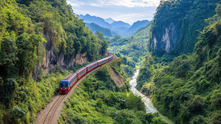 Capture the beauty of Laos with this stunning aerial view showcasing a train meandering through a vibrant green landscape, surrounded by majestic mountains.の素材
