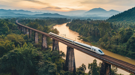 A stunning high-speed train crosses a towering bridge, set against a breathtaking landscape of mountains and lush greenery, reflecting on the river below.の素材