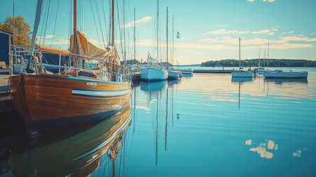 A serene marina scene in Finland on a sunny day, featuring beautiful boats lined up along the calm waters. Ideal for travel and nature enthusiasts.の素材