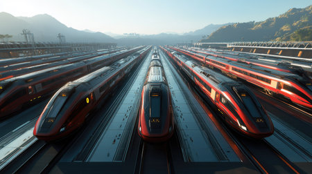 Wide angle view of the Tegalluar depot showcasing an array of modern trains. The vibrant vehicles are arranged perfectly with a scenic landscape in the background.の素材