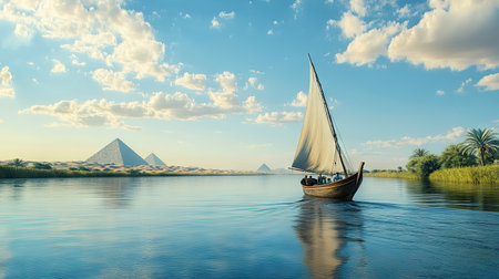 A serene sailboat navigates the calm waters of the Nile, surrounded by lush landscapes and iconic pyramids under a bright blue sky, showcasing Egypt's natural beauty.の素材