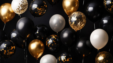 A collection of black, gold, and white balloons on a black backdrop, creating a chic and festive atmosphere for Black Friday or upscale celebrations.の素材