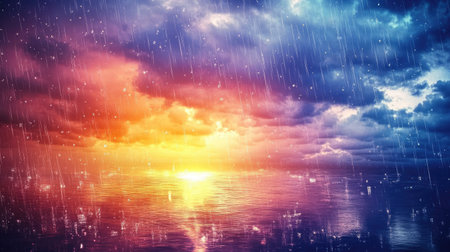 A cloudy sky with rain and a glimpse of sunshine breaking through, creating a dramatic weather scene ideal for landscape photography.の素材