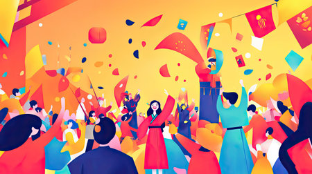 A colorful Chinese New Year parade with performers in traditional costumes, waving flags and smiling at a vibrant crowd.の素材