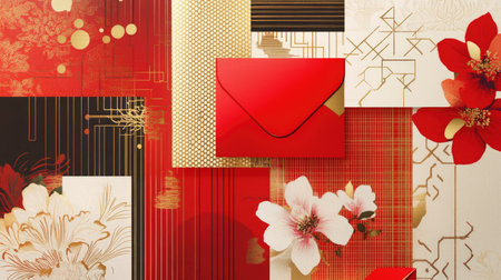 A contemporary Chinese New Year illustration of a red envelope with clean, crisp lines and modern gold accents, paired with festive patterns.の素材