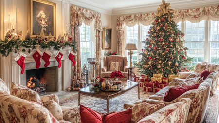 A cozy living room with a beautifully decorated Christmas tree, red and gold wrapped gifts, and a fireplace with hanging stockings, creating a warm holiday atmosphere.の素材