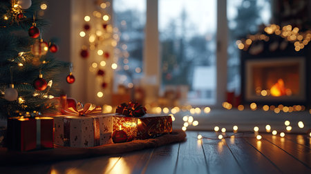 A cozy Christmas scene with blurred lights, gifts, and trees, providing ample copy space for creative holiday mockupsの素材