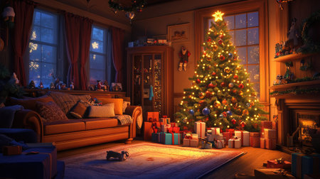 A cozy living room with a Christmas tree glowing with lights and ornaments, surrounded by presents, creating a magical Feast of the Nativity atmosphereの素材
