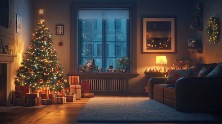 A cozy living room with a Christmas tree, glowing lights, and neatly wrapped presents, celebrating the beauty of the Feast of the Nativityの素材