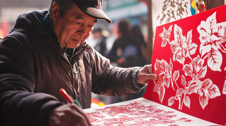 A craftsman demonstrating paper-cutting art at a booth during a Chinese New Year cultural festival.の素材