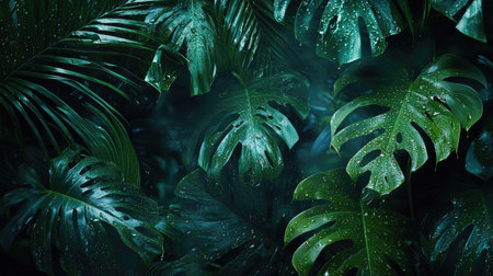 A dark-themed background with water drops on lush green leaves, ideal for creating a calming and elegant mood for nature-inspired photo shootsの素材