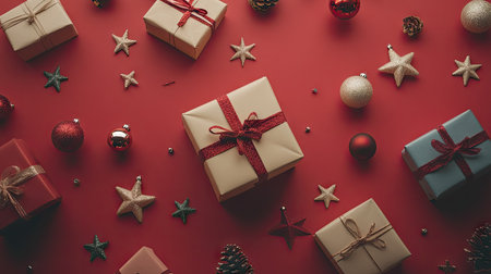 A creative top-down photo of gift boxes, stars, and Christmas ornaments on a red background, capturing the holiday shopping rush, with room for sales promotions.の素材
