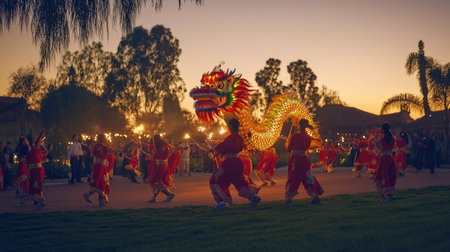 A dragon dance performed at dawn on Chinese New Year morning, with dancers in colorful costumes and drums setting the rhythm.の素材