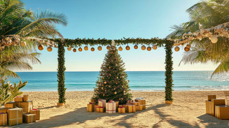 A decorated Christmas tree with ornaments and lights standing on a sandy beach, surrounded by gift boxes, with the blue ocean and clear sky in the background.の素材