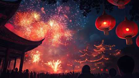 A dazzling Chinese New Year fireworks display lighting up the night sky with vibrant colors, with a crowd cheering below.の素材