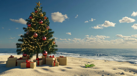 A decorated Christmas tree with ornaments and lights standing on a sandy beach, surrounded by gift boxes, with the blue ocean and clear sky in the background.の素材