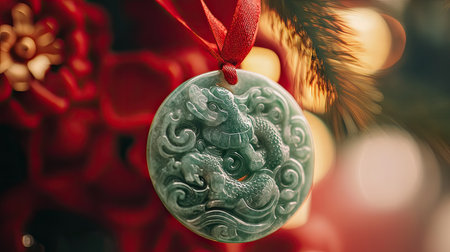 A detailed close-up of a jade zodiac animal pendant, symbolizing good fortune, hanging on a red ribbon for Chinese New Year.の素材